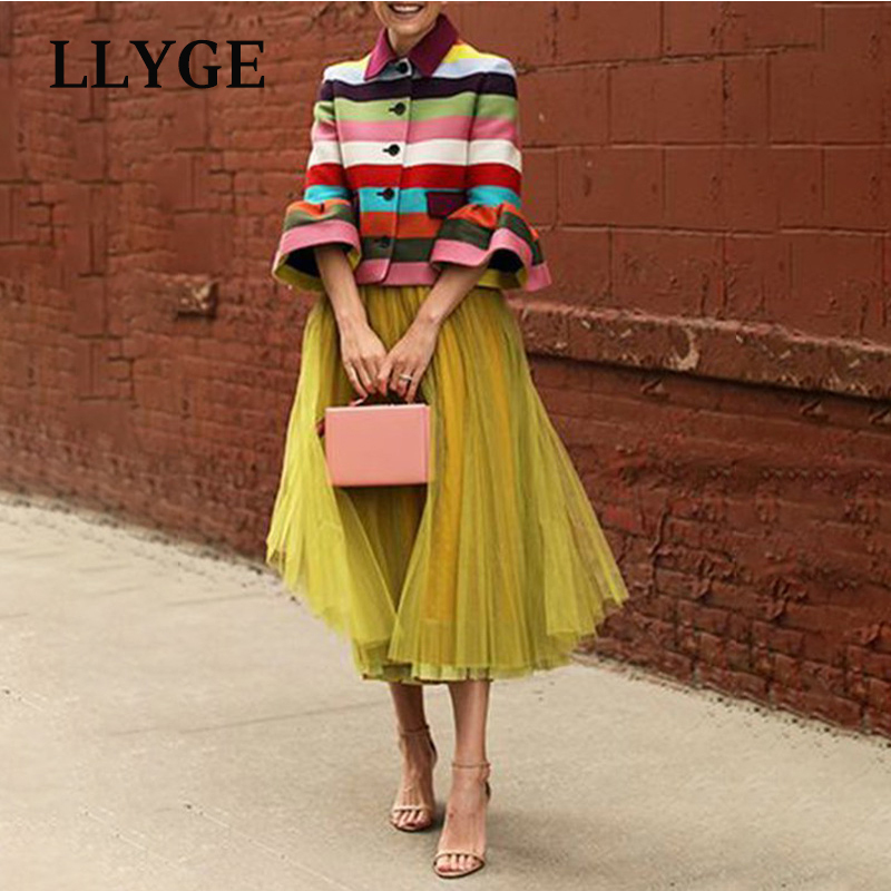 Autumn Rainbow Strip Jacket Coat Women Printed Single-breasted Flare Sleeve Jackets Women Winter Fashion Elegant Lady Coats 201017