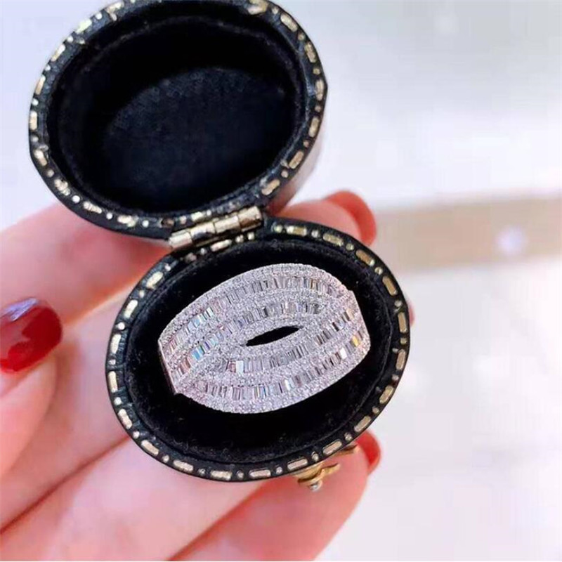 Super Sparkling Luxury Jewelry 925 Sterling Silver Full Princess Cut White Topaz CZ Diamond Gemstones Party Women Wedding Bridal Ring Gift
