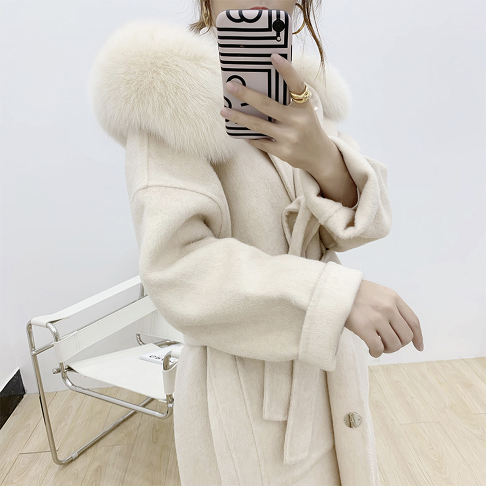 JAZZEVAR winter Casual Women long Real Fox Fur jacket Cashmere double faced Wool Outerwear Ladies oversized hooded coats 201221