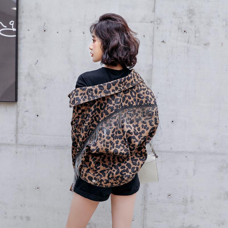 Vintage Leopard Print Jean Jacket Women tassel bat Long Sleeve Bomber Jackets Casual Spring Autumn Loose Short Denim Coat 201017