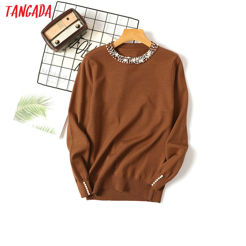 Tangada Autumn Winter Women Beaded Neck Sweater casaco feminino elegant lady sweater Jumper Casual Warm pull femme AQX11 201130