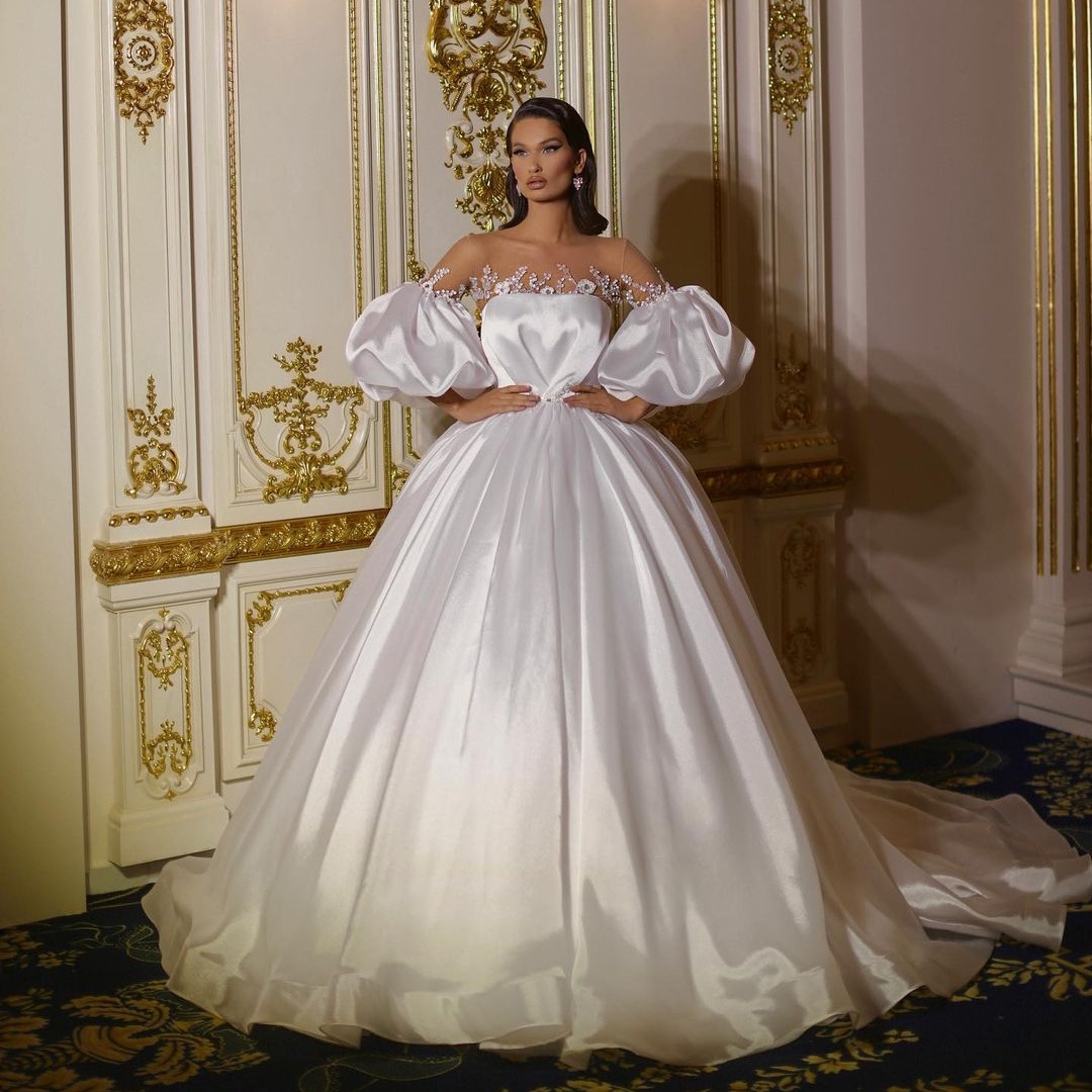 Beaded Long Stylish Sleeves Wedding Dresses Sheer Jewel Neck A Line Appliqued Bridal Gowns Sweep Train Taffeta Robe De Marie ppliqued