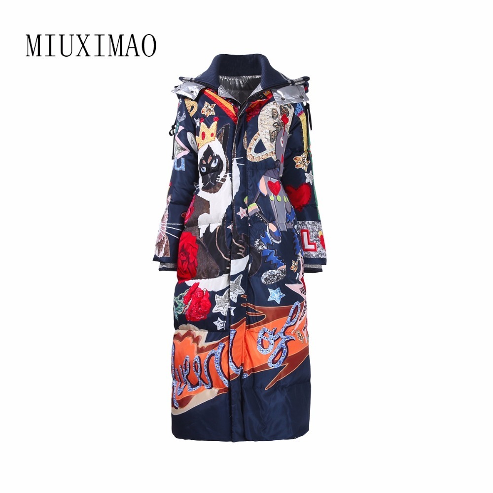 High quality new Temperament Fashion Loose parka Print Vintage X-Long women down winter coat Warm Jacket Female Overcoat 201017