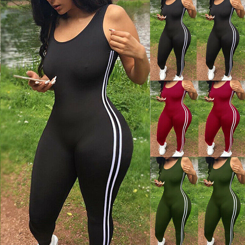 Women Jumpsuit Romper Bodycon Playsuit Clubwear Long Trousers Party Sleeveless Side Stripe Rompers Womens Jumpsuits T200116