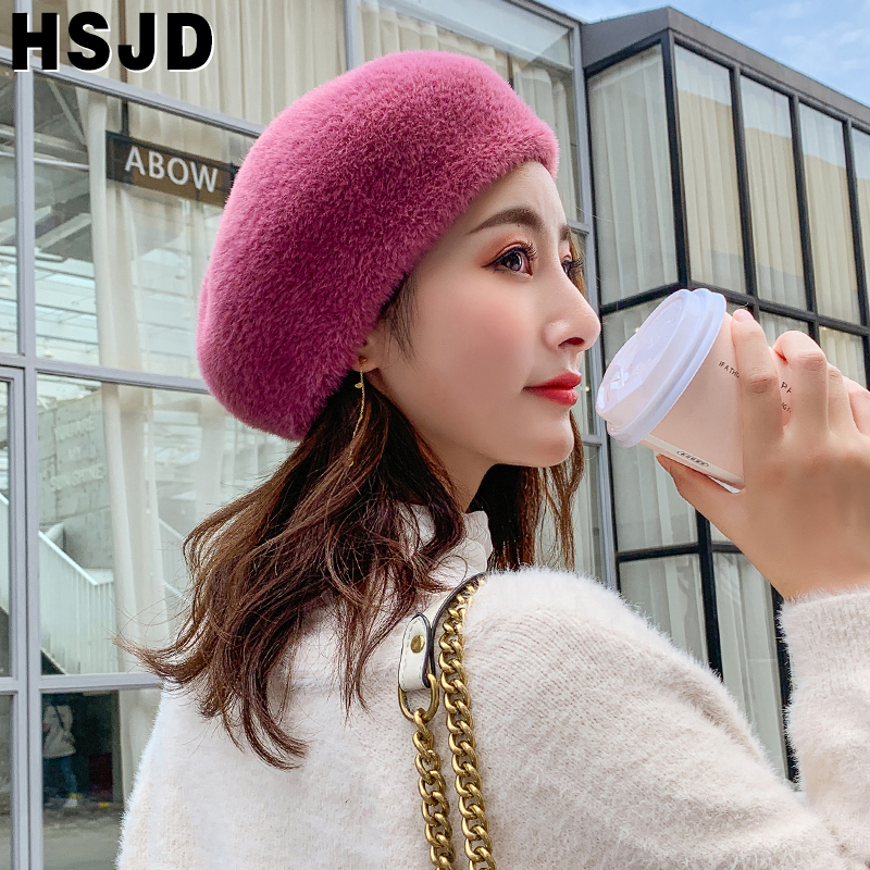 Autumn Winter Women Berets French Classic Solid Color Plush Mink Cashmere Beret Hat Winter Warm Knitting Hats Female Walking Cap 201009