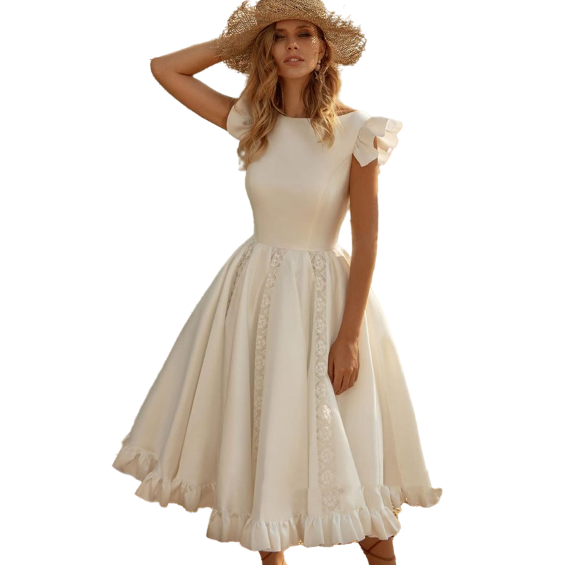 Simple Short A Line Wedding Dresses Bridal Gowns 2022 Tea Length Satin Ivory Sleeveless Open Back Ruffles Summer Vestido De Novia Boho Beach Bride Dre
