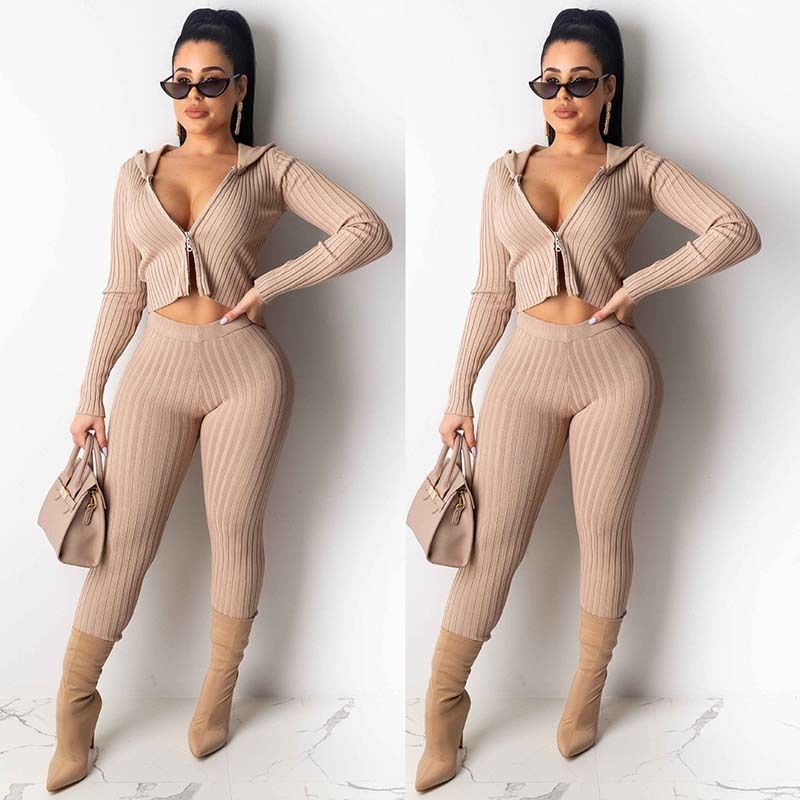Women Autumn 2 Piece Set Sweater hooded zipper crop toppencil Pants Knitted Suit Knit Set Women Sexy club Two Piece Set Outfit T200821
