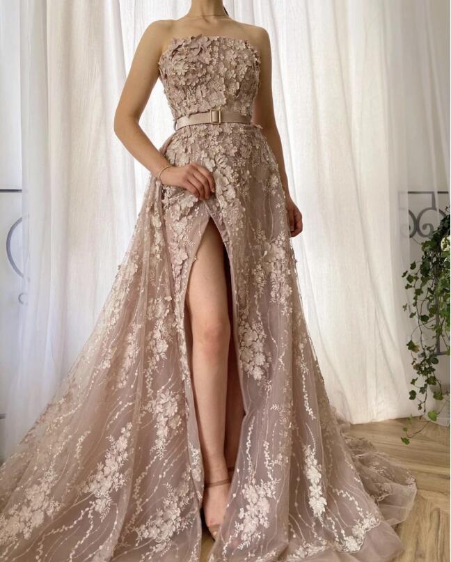 Tuscan Pink Flowers Evening Dresses with Overskirt strapless 3D Floral Sexy Slit Flattering Prom Pageant Gownvestido novia