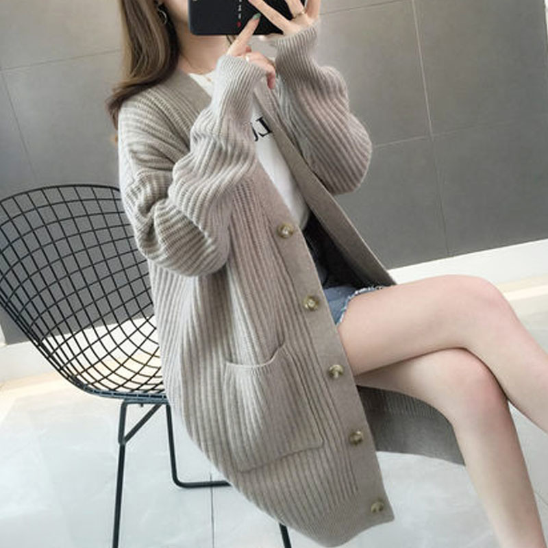 Autumn/winter Fashion Cardigans Sleeve Button sweater Casual Solid Long women Cardigan 5784 201017