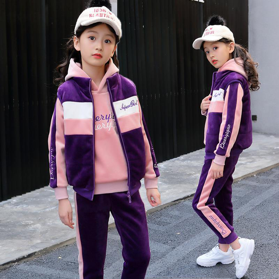2019 Winter 3pcs Kids Thickening Hooded Vest+Sweater+Pant Sport Suits Baby Boys Girls Warm Fashion Set Children ClothingX1019