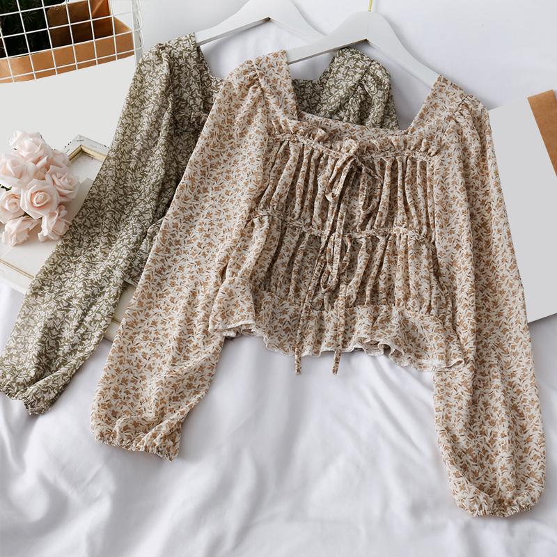 Womens Casual Print Long Sleeve Chiffon Tops Ladies Korean Vintage Square Collar Blouses Lanter Sleeve Bow Shirts Blusas Mujer, Kaqi 
Womens Casual Print Long Sleeve Chiffon Tops Ladies Korean Vintage Square Collar Blouses Lanter Sleeve Bow Shirts Blusas Mujer, Kaqi