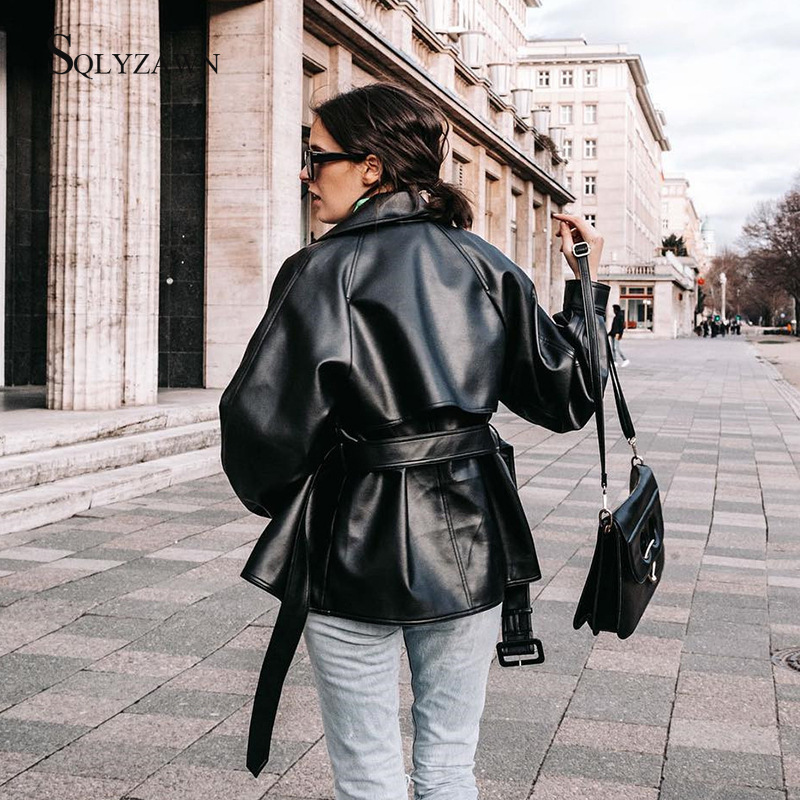 Gothic Black Trench Coat Women Fall Streetwear Faux Leather PU Jacket with Bandage Belt Ladies Fashion Motorcycle Jacket Outwear 201020