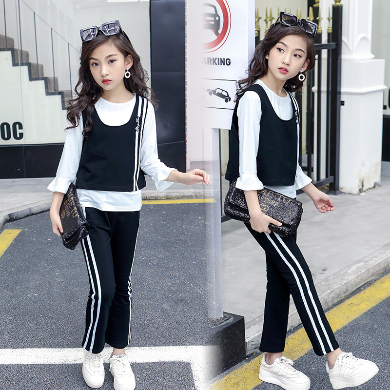 LZH All-Match Teenager Girl Clothes Fashion Striped Vest Autumn 3Pcs Set Simplicity Kids Suit Children's Clothing 5 To 12 Years Y1106