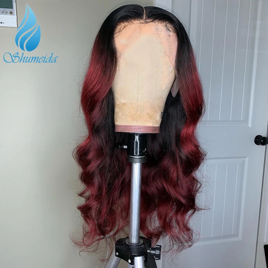 Long middle part Ombre Red 13*4 brazilian full Lace Front Wig Body Wave synthetic Wigs With Baby Hair PrePlucked Hairline