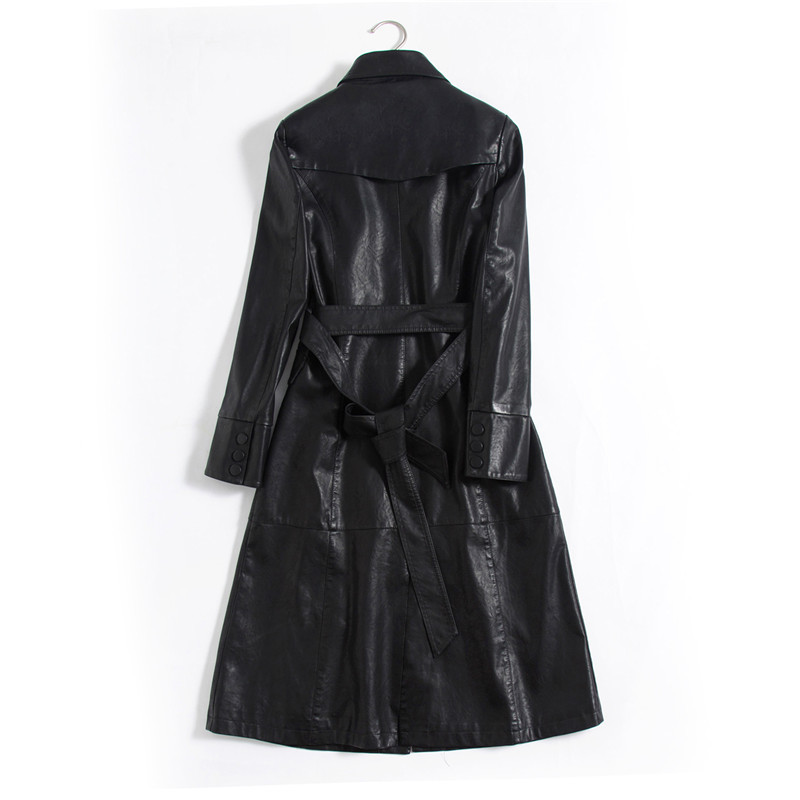X-Long Women's Leather Jacket Single Breasted Autumn Faux Leather Coat Female Black Winter Overcoat With Belt Plus Size 5XL 201226