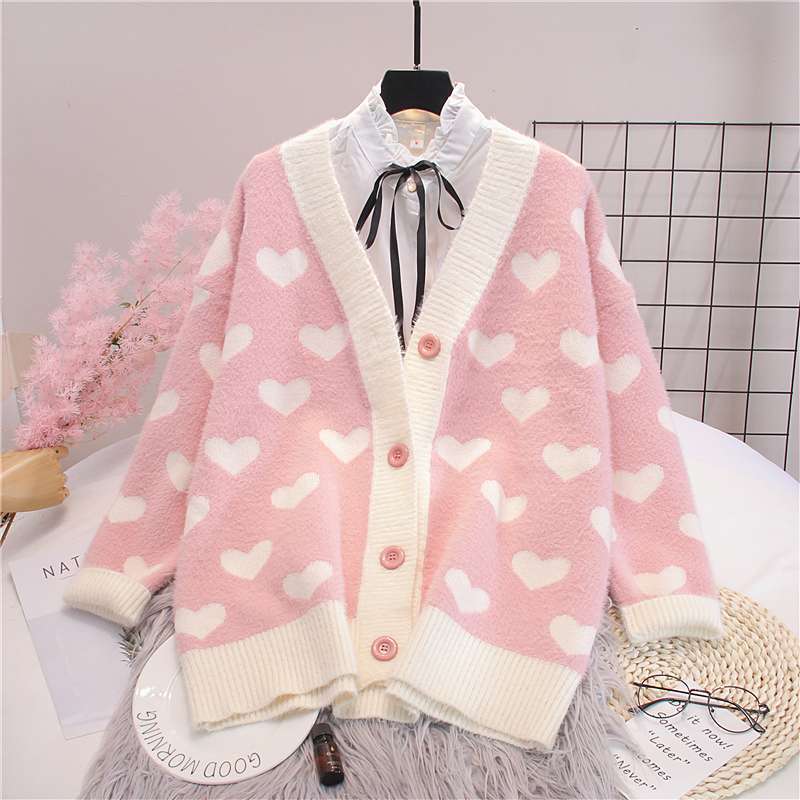 Autumn New Style Cardigan Oversized Sweater Women's Korean-style Loose Thick Heart Very Fairy of Sweater Students Coat 201017