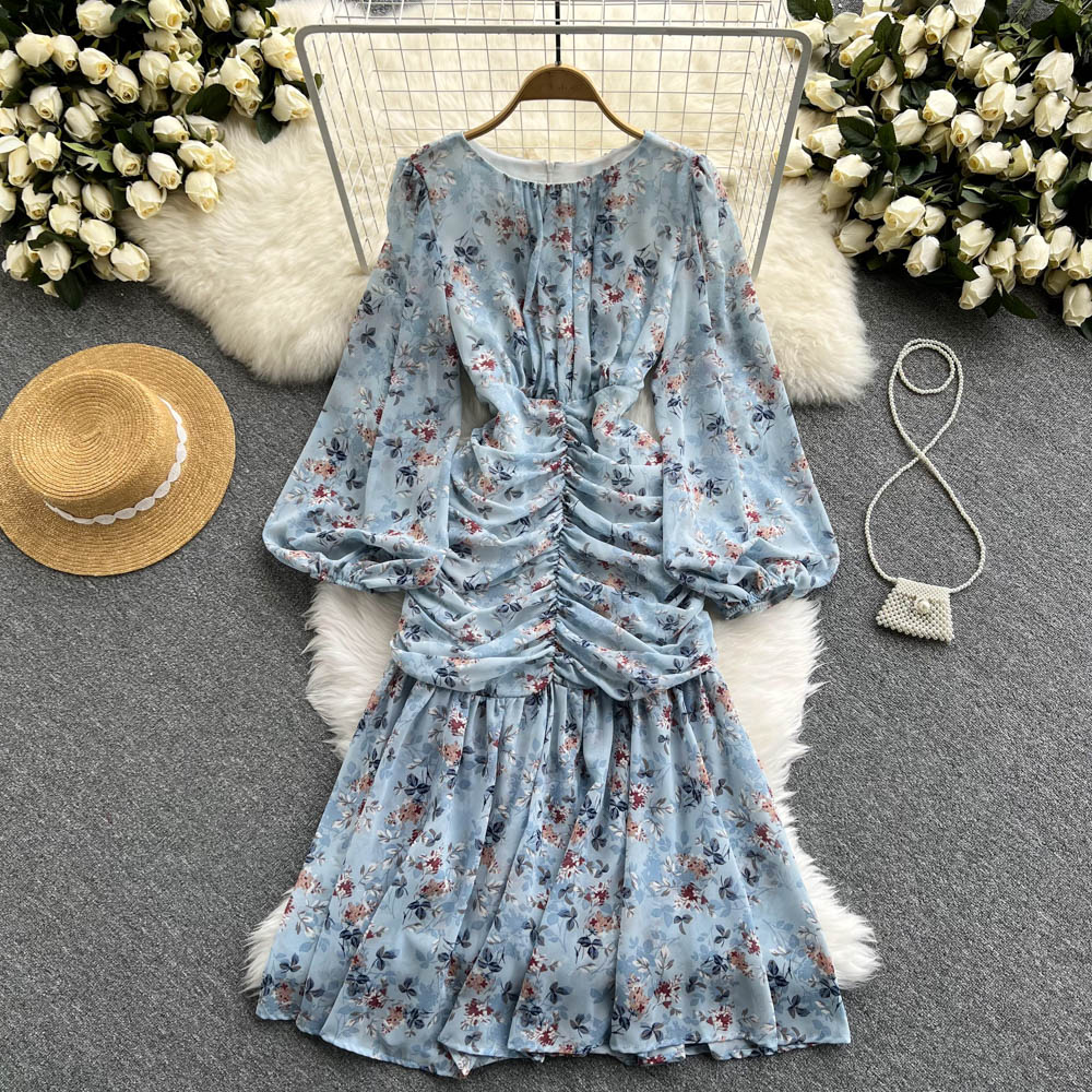 Bohemian Women Floral Chiffon Draped Long Dress Boho Vacation Beach Robe Female Puff Long Sleeve High Waist Party Vestidos New 2022