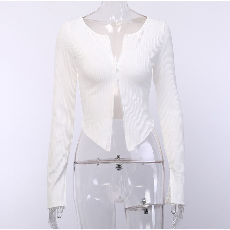 Asia White Sweater Women Sexy Double Zipper Cardigan Celebrity Wear Long Sleeve Split Cuff Short Knitted Tops Winter Clothes 201017