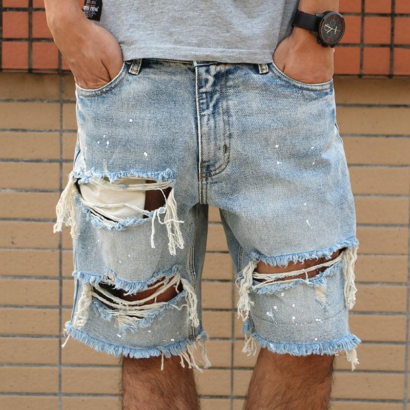 Men's Denim Cowboy Shorts, Summer Casual Hole Jeans Short Pants, Hip Hop Beggar Zipper Shorts Streetwear B4