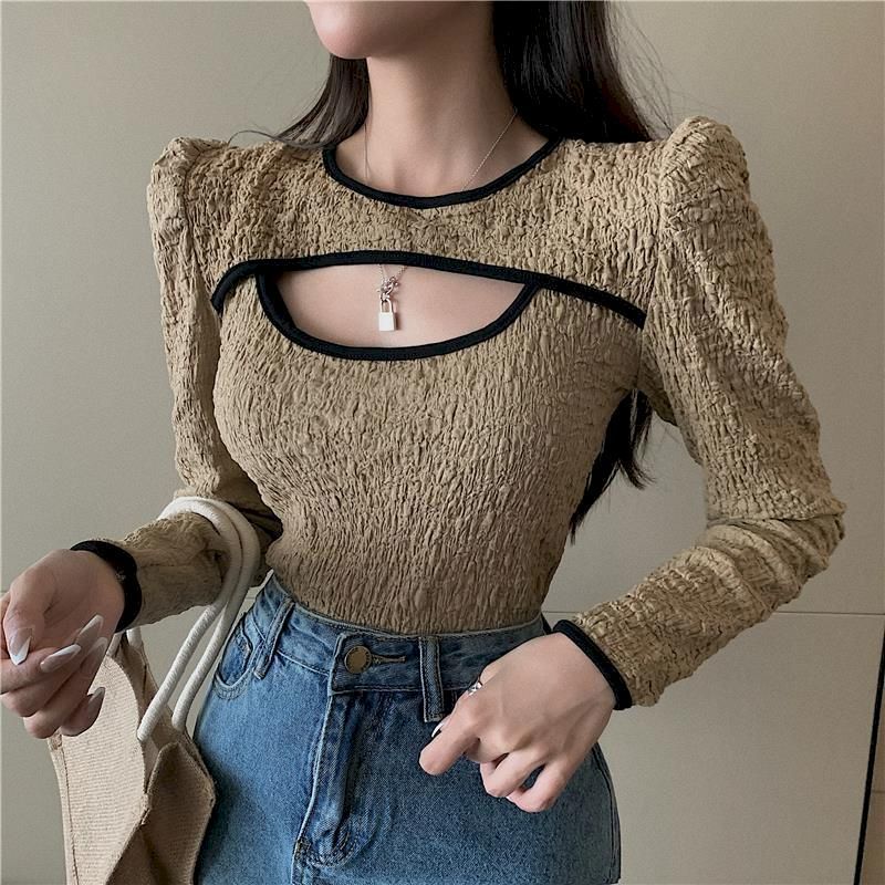 Long-sleeved T-shirt women Korean style hollow out all-match white T-shirt women autumn new tight-fitting inner base shirt 201028