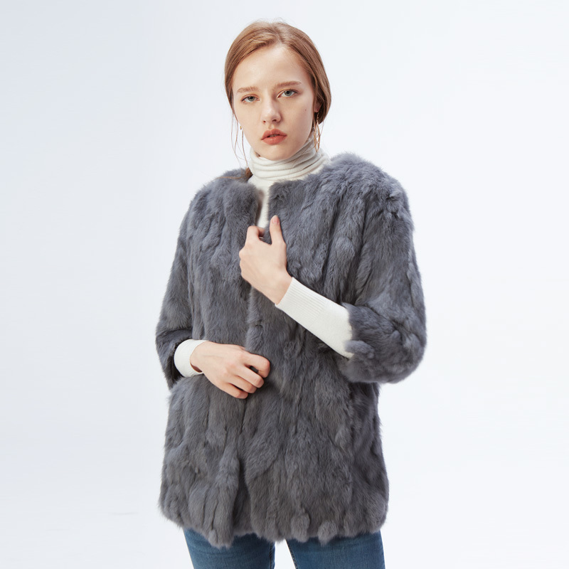 Ethel Anderson Natural O-Neck Thin Long Real Coat Genuine Full Pelt Jacket Women's Rabbit Fur Outwear 201103