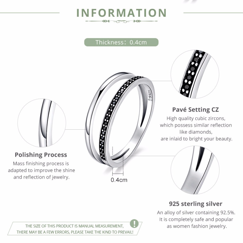 Genuine 925 Sterling Silver Ring Double Circle Black Clear CZ Stackable Finger Ring for Women Fine Silver Jewelry Gift SCR082 201110