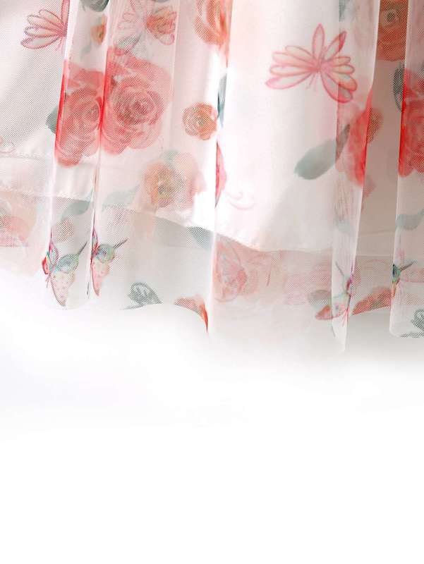 Girls Floral Print Contrast Guipure Lace Belted Mesh Dress SHE