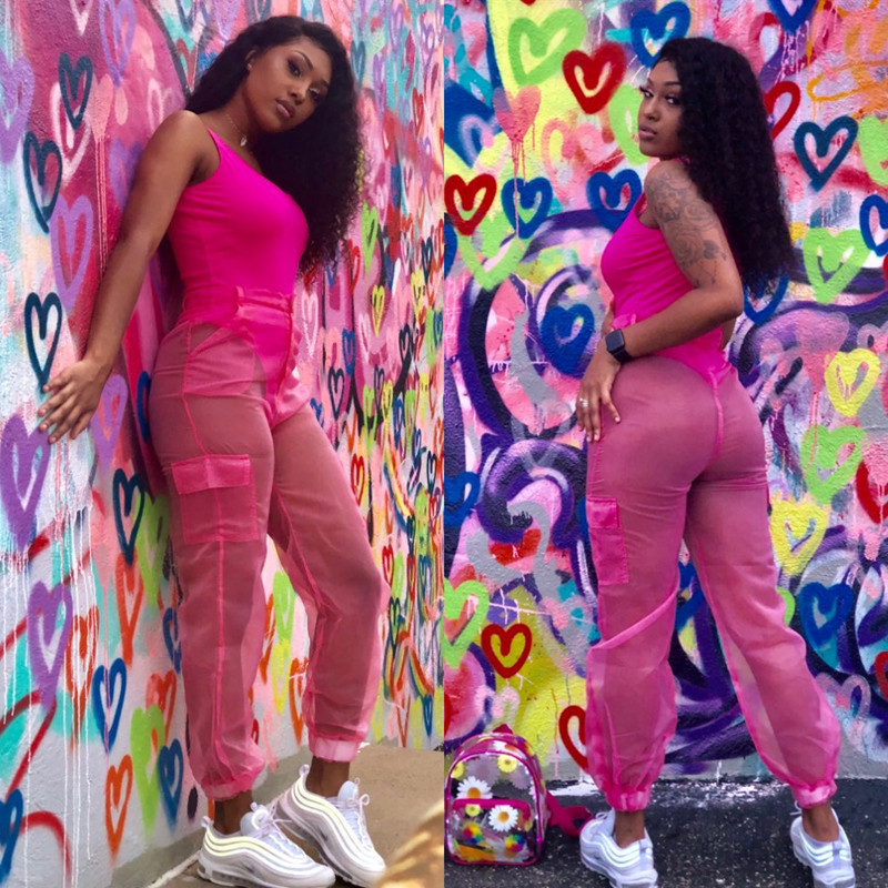 ANJAMANOR Sexy Two Piece Set Bodysuit Top and Mesh Pants Neon Pink Green Summer 2 Piece Club Outfits Matching Sets D59-AB72 T200704