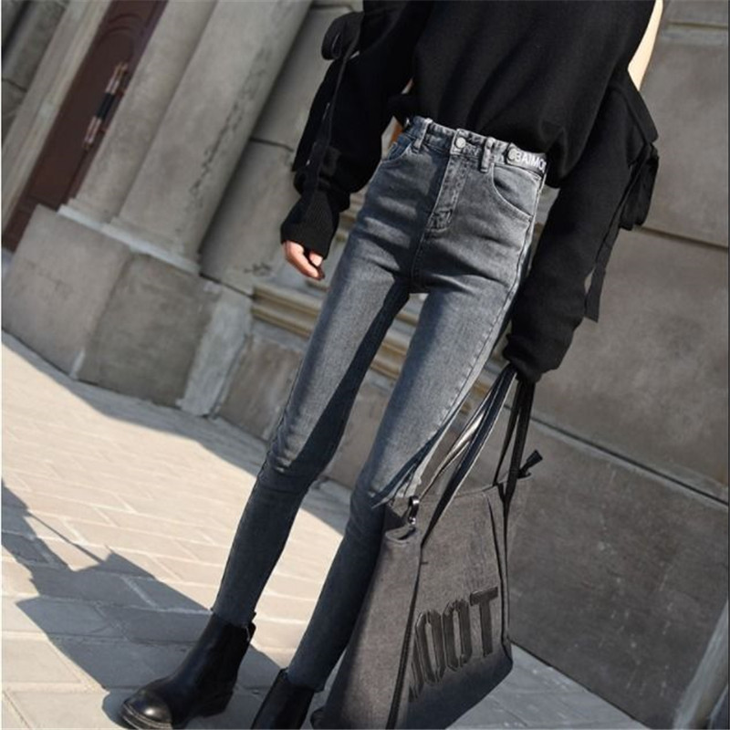 High Waist Ripped Skinny Pencil Jeans Women Plus Size Gray Mom Stretch jeans Ladies Denim Pants Fashion Letter Decoration mujer T200608