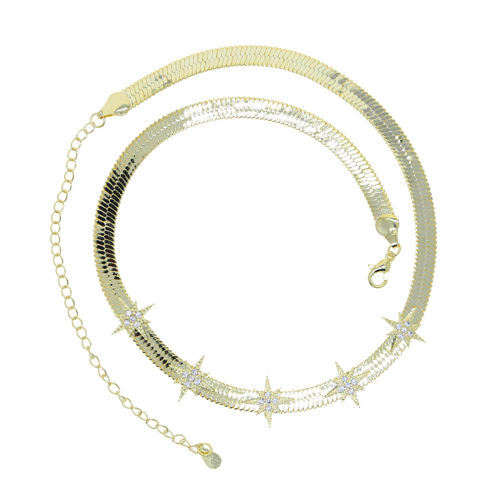 High Quality Gold Color European Women Collar Chains 5MM Width Herringbone Snake Chain CZ Star Starburst Charm Necklace