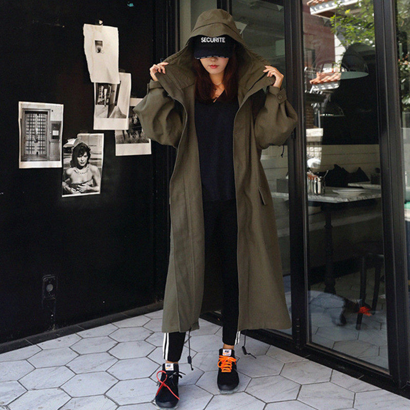 Autumn Spring New Korean Trench Coat Army Green Women's Windbreaker Loose Plus Size Hooded Cloak Harajuku Chaqueta Mujer f2527 T200805