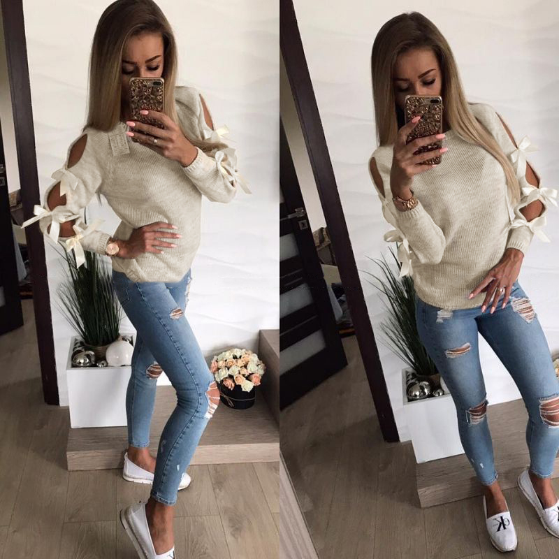 Knitted Women's Sweater Women Bowknot Hollow Out Thin Long Sleeve Pullover Pull Femme Ribbed Casual Jumper Winter Clothes 2019 T200101