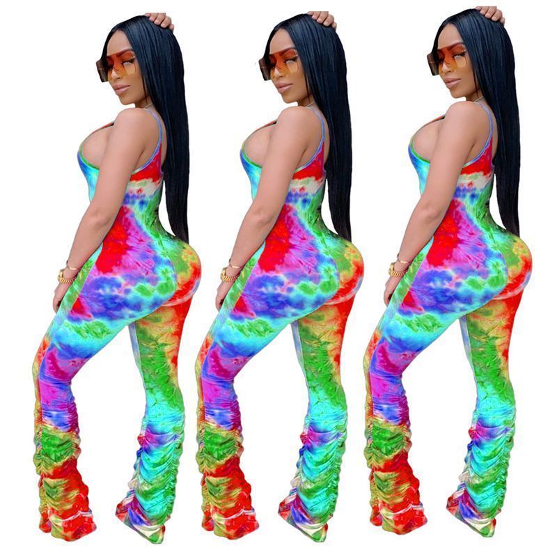 HAOYUAN Sexy Tie Dye Bodycon Rompers Women Jumpsuit One Peice Club Outfits Ruched Stacked Pant Spaghetti Strap Backless Overalls T200509