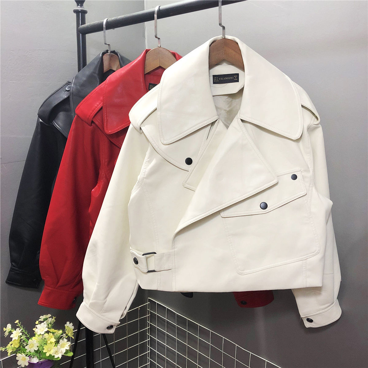 FTLZZ New Spring Women Faux Leather Jacket Biker Red White Coat Turndown Collar PU Motorcycle Jackets Loose Streetwear Outerwear 201020