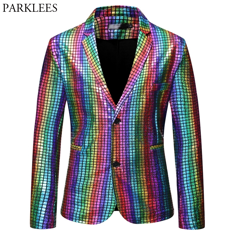 Mens Stylish Dancer Stage Blazer Jacket Gold Silver Rainbow Plaid Sequin Blazer Male Disco Festival Carnaval Party Prom Costumes 201013