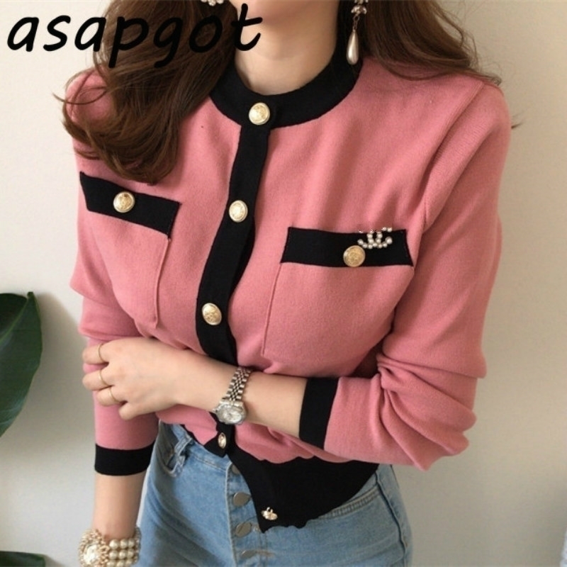 Chic French Autumn Fragrant Pink Loose Round Neck Contrast Color Sweater Women Short Gold Button Pocket Cardigan Orange Casual 201120
Chic French Autumn Fragrant Pink Loose Round Neck Contrast Color Sweater Women Short Gold Button Pocket Cardigan Orange Casual 201120