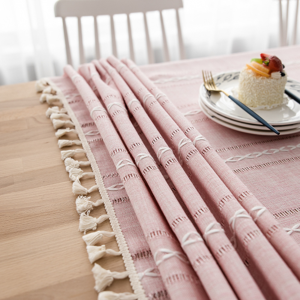 Nordic Christmas Tablecloth Pink Hollow Embroidered Jacquard Striped Rectangle cloth Cotton en Dining Table Cover Decor 201123