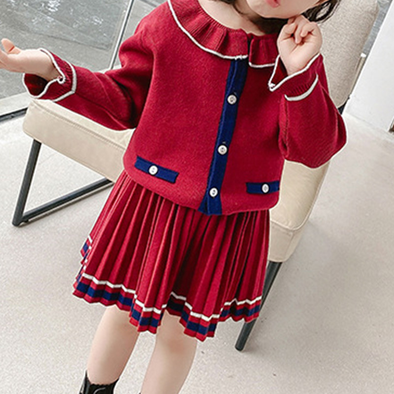 Humor Bear Girls Clothes Suit Autumn Winter New Doll Collar Girls Sweater+Pleated Skirt Sets Baby Kids Children Clothes For GirlX1019