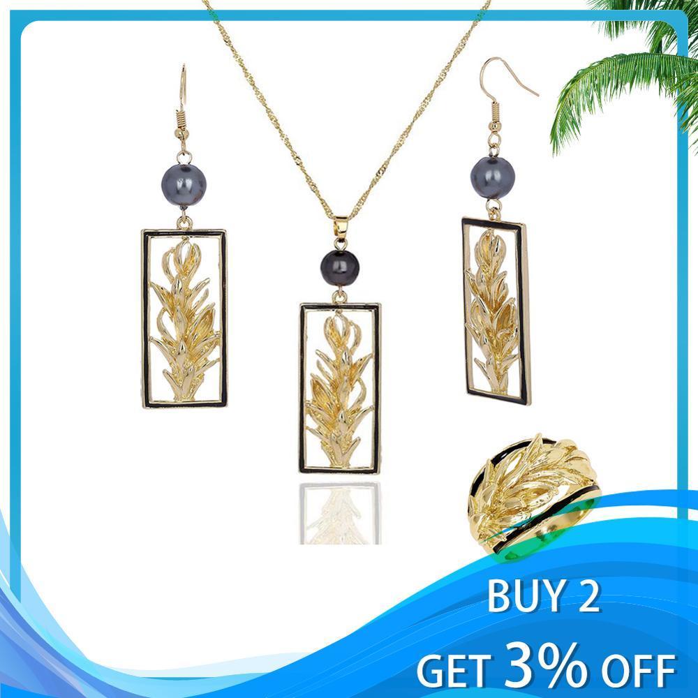 Hawaiian Gold Jewelry Pearl Set Trendy Plant Drop Earrings Polynesian Rings Chian Necklaces Sets for Women Party Wholesale 201222