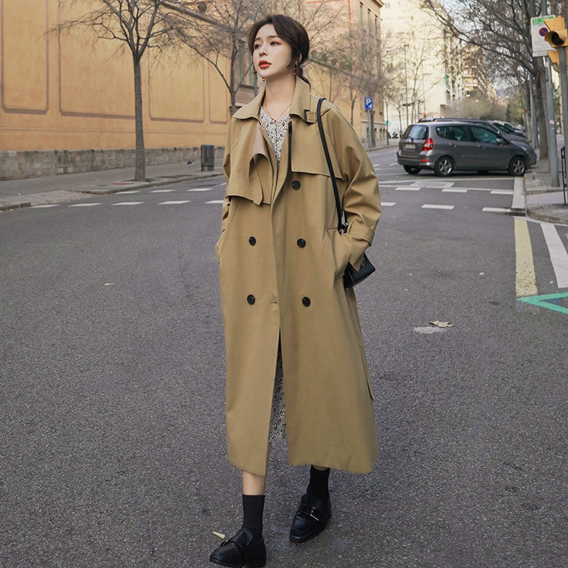 Spring Autumn Double Breasted Women Trench Coat Long Below-Knee Belted Duster Coat Khaki Outerwear for Ladies Windbreaker T200811