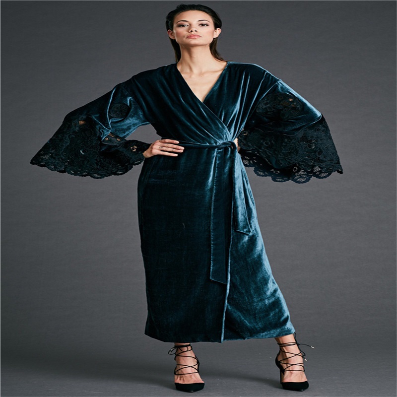 Green Wedding Bathrobe Long Sleeves Velvet Lace Sleep Wear Custom Made Pajamas Elegant Winter Wedding Robe Nightgown