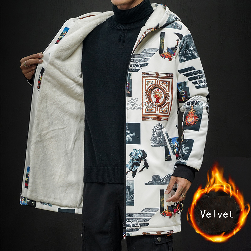 winter Men fashion bigger sizes printing Fleece trench Plus velvet thicken coat Medium long trench coat male Chinese style 201128