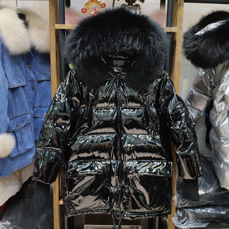 Fitaylor Real Natural Fur Patent Leather Winter Jacket Women Thicken Long Down Parka Hooded Female Duck Down Waterproof Coat 201214