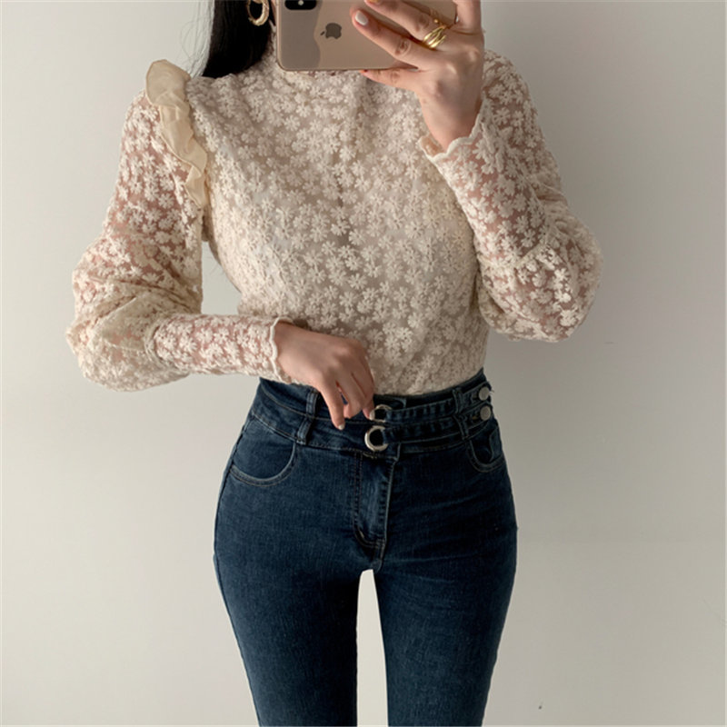 Apricot Lace Delicate Turtleneck Floral Chic Basic Blouses All Match Elegant Casual Office Lady Loose Shirts 201027