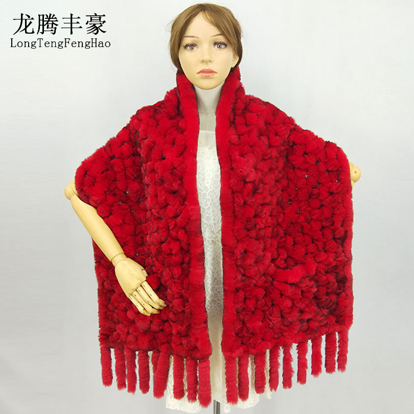 Winter Knitted Real Rex Rabbit Fur Scarf with Pocket Wide Women Natural Rabbit Fur Tassel Shawl Warm Long Fur Scarves LJ201111