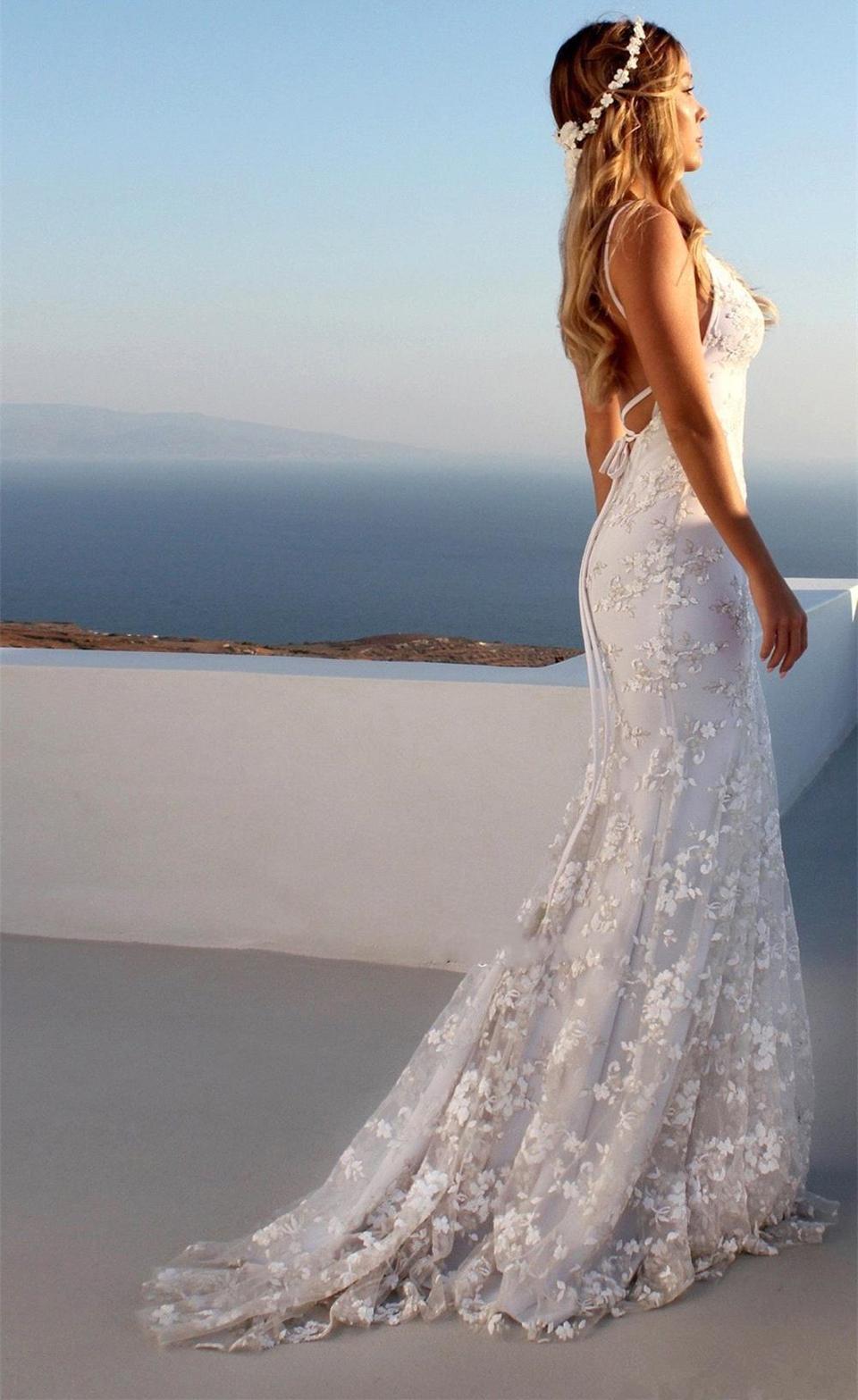 Backless Sexy Mermaid Dresses Spaghetti Straps Sweep Train Embroidery Lace Applique V Neck Wedding Gown Vestido De Novia estido