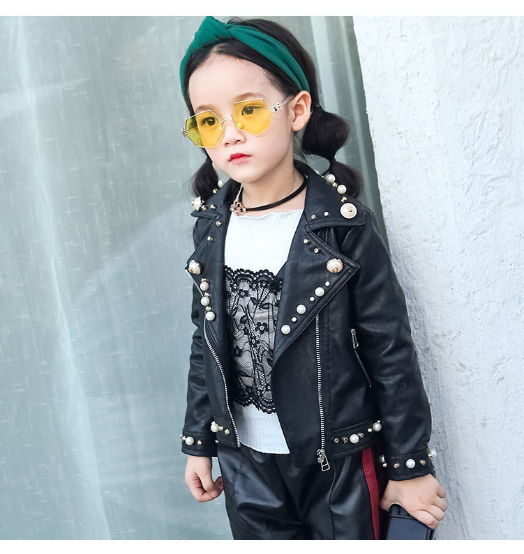 Spring and Autumn Children's Clothing Girls Pearl Leather PU Leather Children's British Shirt Zip-up Jacket 201125