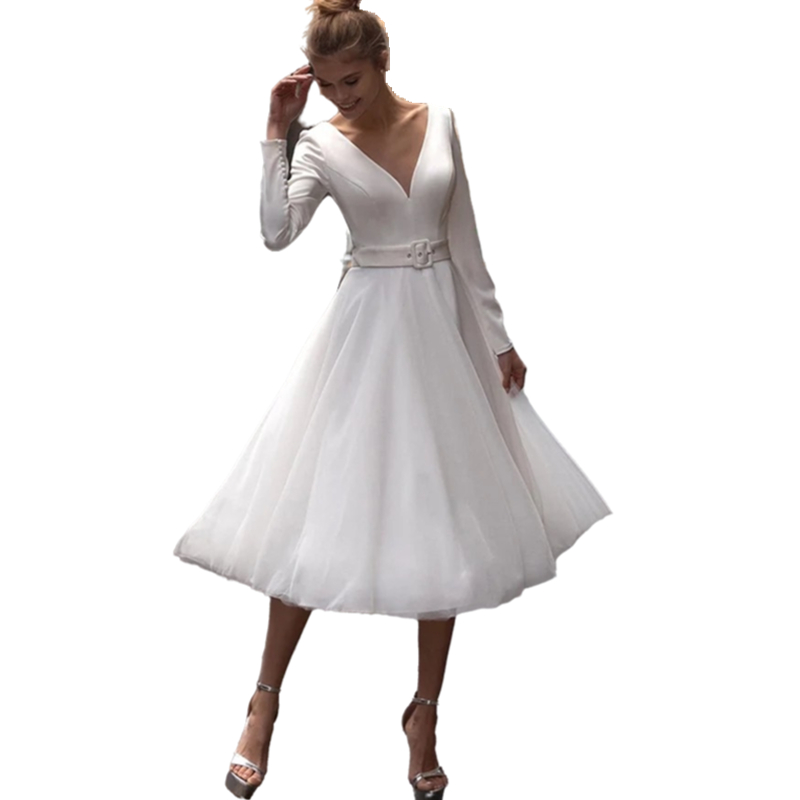 Long Sleeve A Line Short Wedding Dress For Women 2022 V Neck Illusion Back Retro Bridal Dresses Simple White Satin Tulle Garden Bride Gowns