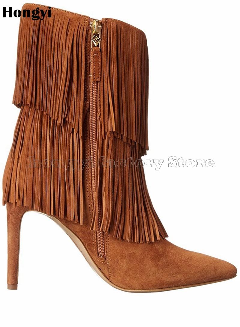 Fashion Winer Brown Suede Leather Inside Zipper Fringed Thin High Heeled Boots Women Pointed Toe Mid-calf Boot Gladiator Shoes, As showed color
Fashion Winer Brown Suede Leather Inside Zipper Fringed Thin High Heeled Boots Women Pointed Toe Mid-calf Boot Gladiator Shoes, As showed color