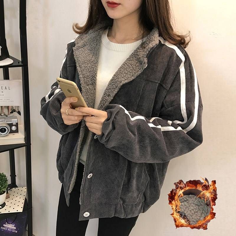 Vangull Women Jacket Winter New Cotton Lamb Velvet Thick Coat 2019 Autumn Casual Female Long Sleeve Side Striped Loose Outerwear T200111